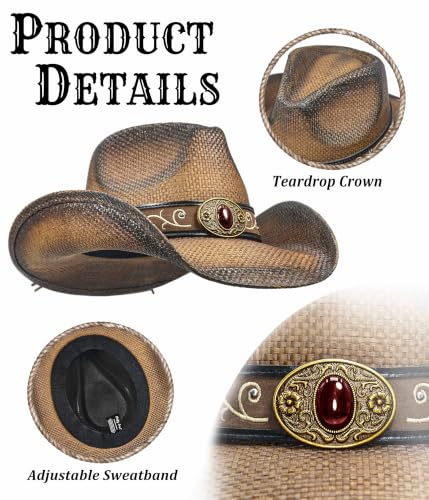 FLUFFY SENSE. Cowboy Hats for Women and Men - Distressed Straw Western Hat with Shapeable Brim for Cowboys and Cowgirls - color: Ombre Brown