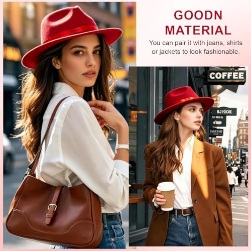 Red Wide Brim Felt Fedora Hat with Satin Ribbon Dress Panama Hat Rancher Cap for Unisex Halloween Costume