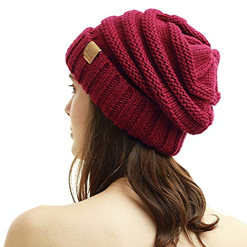 Womens Winter Beanie Warm Knit Hat Cable Stretch Trendy Ribbed Chunky Cap - color: Wine Red