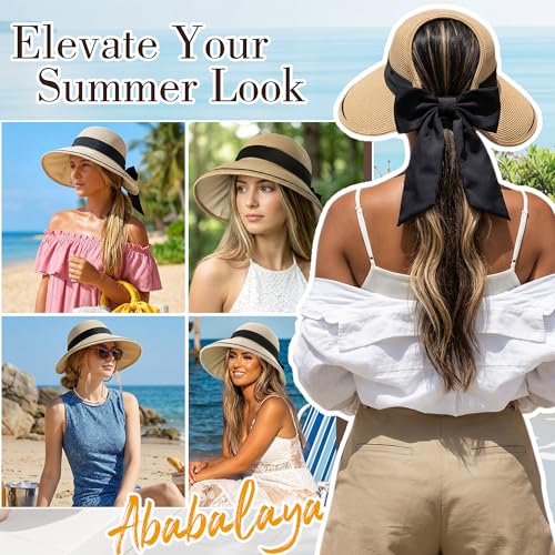 Ababalaya Women’s Sun Hats Roll Up UV Straw Beach Hat with Chic Bowknot - color: Marled Beige