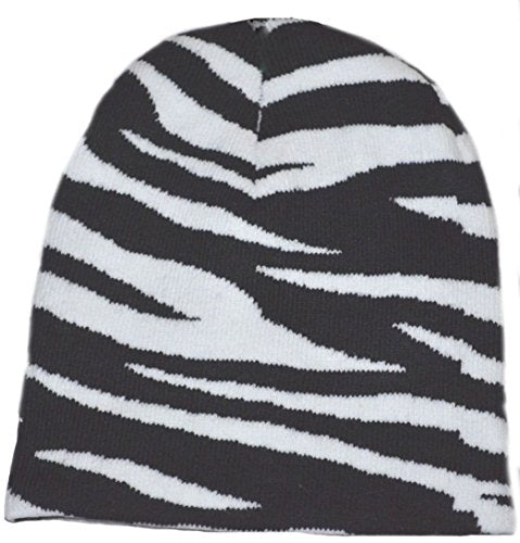 Nayt Striped 8" Short Cuffless Animal Print Beanie Hat Zebra Black White