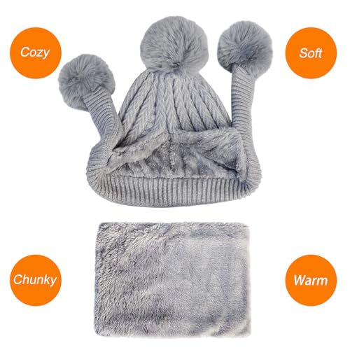 HUAMULAN Women Winter Knit Beanie Hat Circle Scarf Set Pompoms Ear Flaps - color: Gray Solid