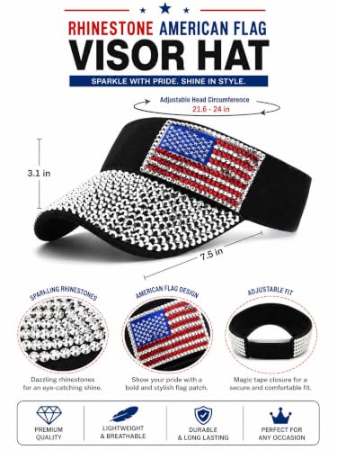 Women Shiny Rhinestone Bling Sun Visor Adjustable Tennis Beach Ponytail Hat - color: Black-usaflag