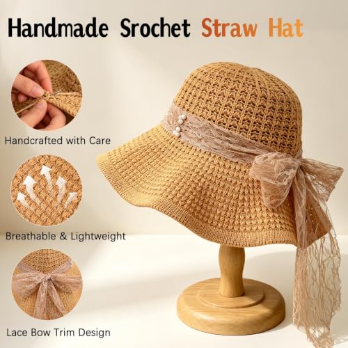 Sun Hats for Women Summer Straw Beach Hat UV Protection Floppy Wide Brim Travel Bucket Hat Foldable Packable - color: Khaki-lace Bow