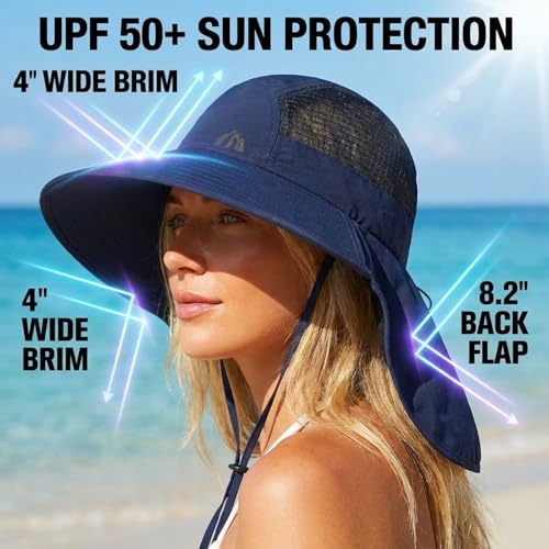 UV Sun Protection Hat Women Foldable Neck Flap Wide Brim Fishing Hat with Ponytail Hole for Women - color: Navy