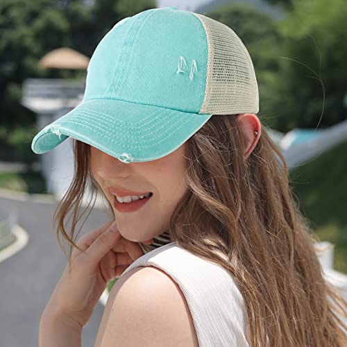 HH HOFNEN Ponytail Hat for Women Washed Distressed Baseball Cap Ponycaps - color: #3 Lake Blue