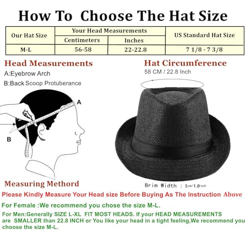 2 Pack Straw Fedora Hats for Men and Women, Short Brim Summer Beach hat, Trilby Panama Sun Hats. - color: Black/White, size: Medium-Large