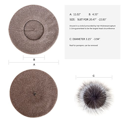 Womens Winter Beret Hat Knitted Beanie Cap Autumn Winter Hat French Classic Beret - color: Camel With Silver Fox Fur Pompom