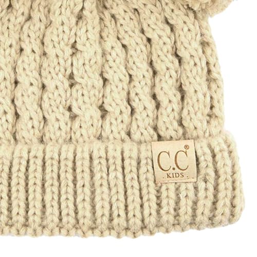 C.C Kids' Cable Knit Double Pom Beanie for Kids - Comfortable Soft Warm Children Skully Hat with Pom - color: Yarn Pom Beige
