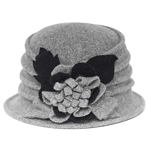 Women 1920s 100% Wool Vintage Cloche Bucket Winter Hat with Bow Knot and Flower - color: Flower-light Grey
