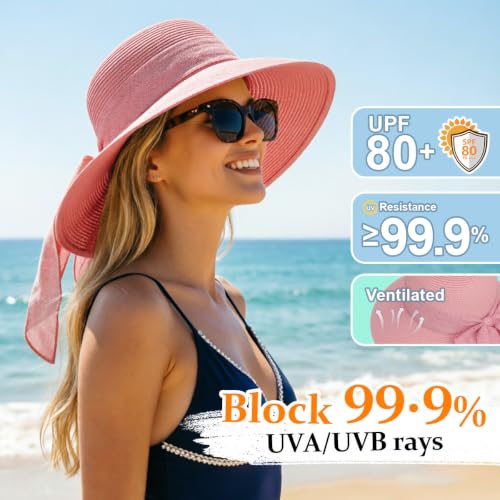 DRESHOW Sun Hats for Women Summer Wide Brim Beach Straw Hat Bowknot Bucket Hats Foldable Floppy Beach Sun Hat UPF 50+ - color: 1 Pack Bowknot Ribbon Hat: Pink