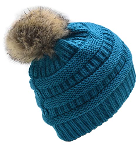 C.C Trendy Fuzzy Fleece Lined Warm Comfortable Soft Stretch Cable Knit Ribbed Faux Fur Pom Pom Beanie Hat - color: Teal Blue