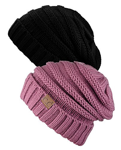 NYFASHION101 Oversized Baggy Slouchy Thick Winter Beanie Hat - color: Black & Lavender