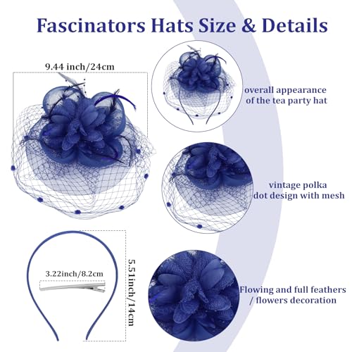 Semato Fascinators Hats for Women Mesh Feathers Elegant Royal Blue Tea Party Kentucky Hat Derby Headband with Hair Clip - color: Royal Blue
