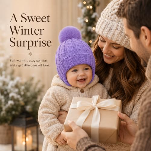 Toddler Baby Winter Hat with Earflap Kids Warm Twisted Knit Hat Infant Pom Pom Beanie Ski Cap for Baby Girls Boys - color: Purple, size: 2-6 Years