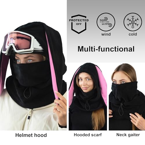 Fleece Balaclava Over Helmet - Warm Helmet Ninja Hood - Snowboard Hooded Hat Neck Gaiter Ski Mask - color: Black&pink|bunny, size: One Size