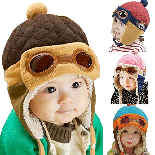 Toddlers Baby Girls and Boys Crochet Earflap Pilot Hats Beanie Cap Winter Warm Knit Caps Ear Protection Cap - color: Hat1-brown