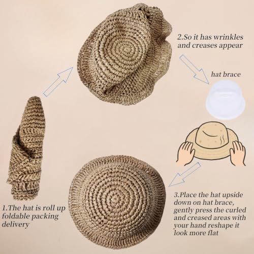Floppy Big Beach Straw Hats for Women Foldable Summer Wide Brim Packable Sun Hat Womens Travel Straw Fedora Hat - color: Khaki-8