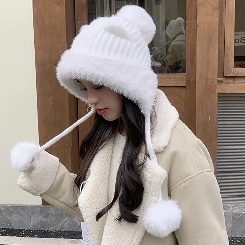 HUAMULAN Women Winter Sherpa Knit Beanie Hats with Pom Poms Ear Flaps - color: White