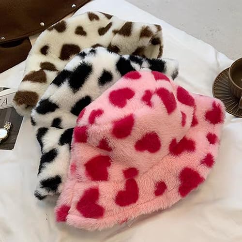 Winter Faux Fur Furry Bucket Hat Fluffy Fuzzy Warm Hat Plush Fisherman Hat for Women Men Teens Girls - color: Pink Heart