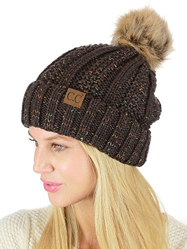 C.C Thick Cable Knit Faux Fuzzy Fur Pom Fleece Lined Skull Cap Cuff Beanie - color: Confetti Brown