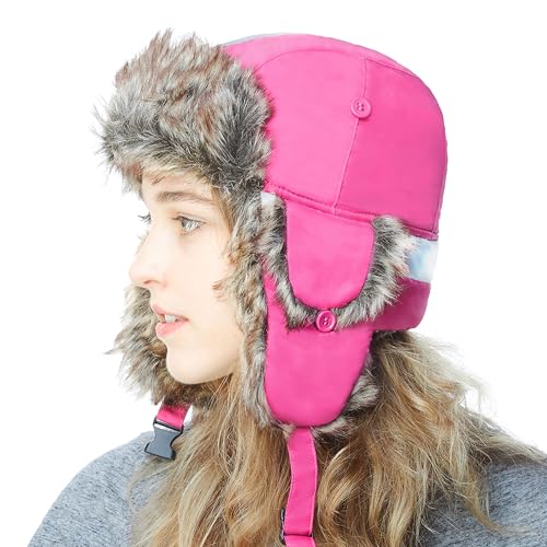 Faux Fur Safety Reflective Plain Plaid Aviator Trapper Hat Snow Ski Trooper Winter Cap - color: 1. Reflective - Hot Pink, size: Large-X-Large