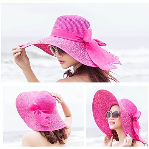 Womens Sun Straw Hat Wide Brim Summer Hat Foldable Beach Hats Floppy Roll up Cap Sunhat with Bowknot Hot Pink - color: Hot Pink