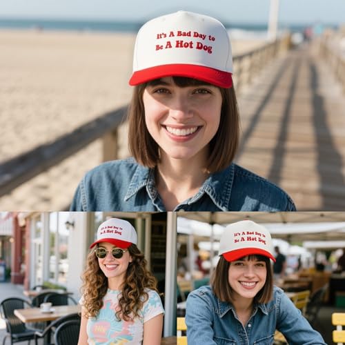 Funny Trucker Hats Embroidered Vintage Snapback Hat for Women Put It On My Husband's Tab Hats Gag Gifts Baseball Cap Red - color: It's a Bad Day to Be a Hot Dog Red