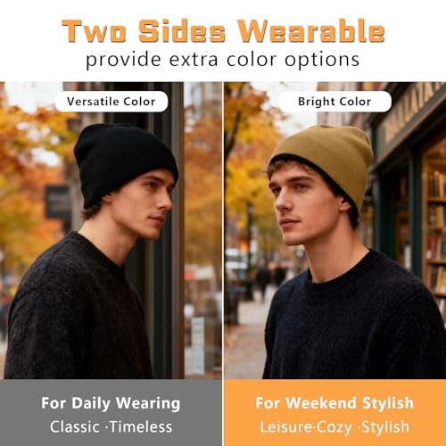ZOORON Reversible Skull Caps for Men Women Reversible Beanie with -Double Side Warm Winter Fisherman Beanie - color: A-2pack-black/Green+navy/Khaki
