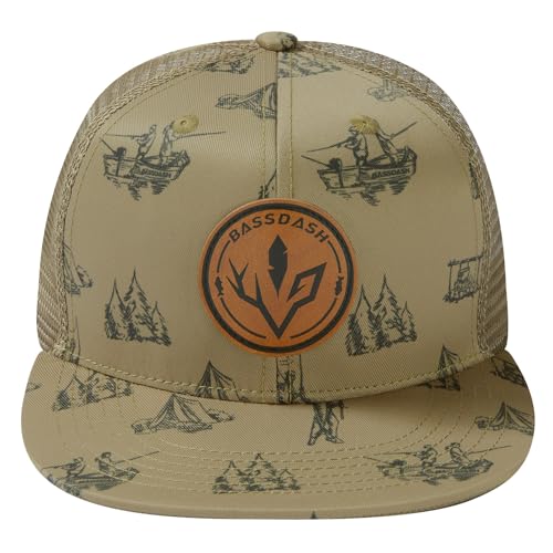 BASSDASH Flat Brim Trucker Cap Adjustable Snapback Hat Mesh Back for Men Women - color: Khaki Camping