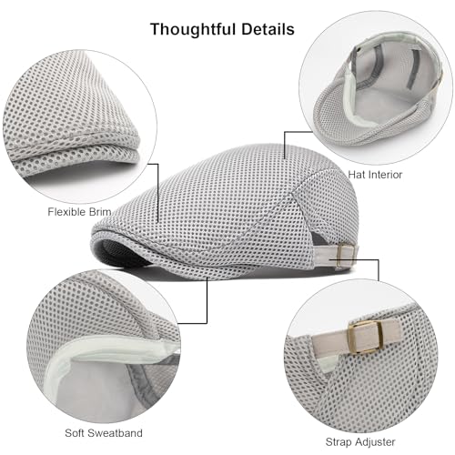 Mens Mesh Cap Flat Ivy Gatsby Newsboy Beret Driving Hat Adjustable Breathable Summer Hats - color: Light Grey