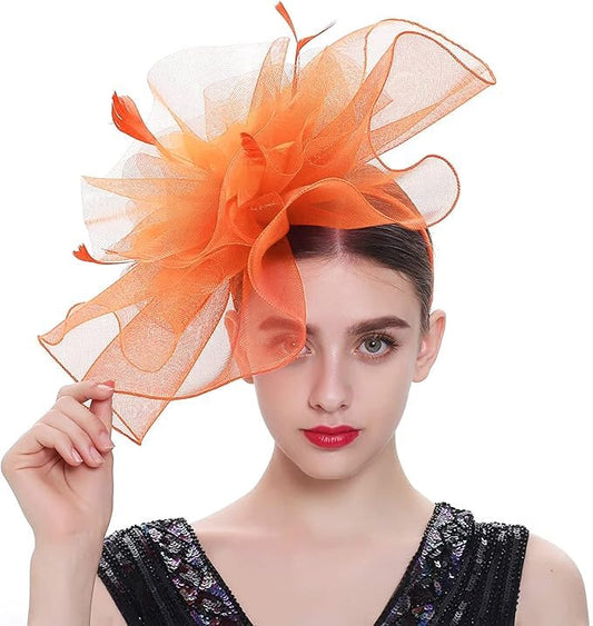 Women's Fascinators Hat for Women Tea Party Headband Wedding Cocktail Flower Mesh Feathers Hair Clip - color: 01 Orange