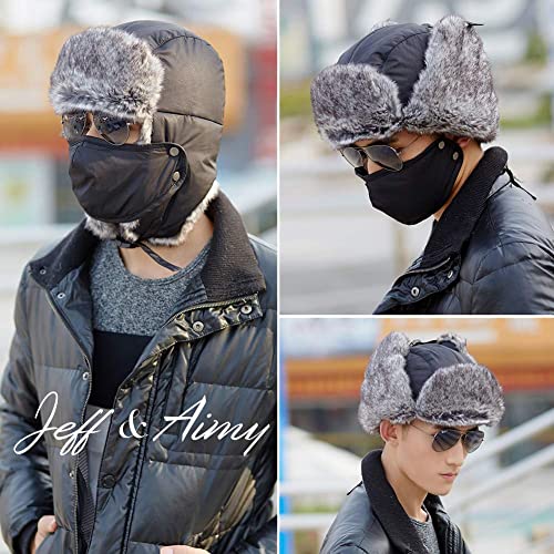 Jeff & Aimy Stylish Plaid Winter Wool Trapper Faux Fur Earflap Hunting Hat Ushanka Russian Cold Weather Thick Lined 55-61CM - color: 67217#black, size: Large