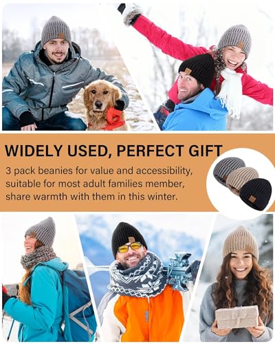 Nertpow Mens Beanie Hats 3 Pack, Winter Hats for Men Women Warm Thermal Fleece Lined, Thick Knit Fashion Skull Cap for Guys - color: Color-04