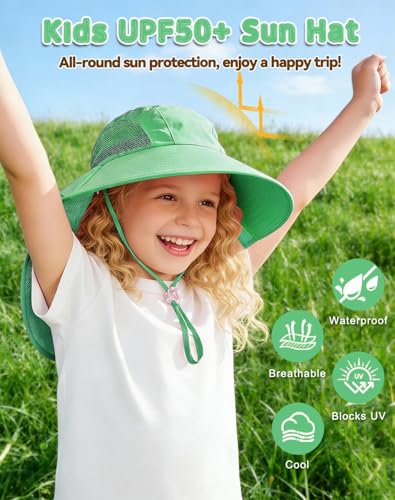 Rosoz Kids Sun Hat with Neck Flap UV Protection Summer Toddler Beach Hat Unisex Ponytail Hat Wide Brim Fishing Hat - color: 1pack-light Cyan Green