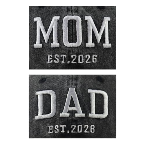 2PCS Mom and Dad EST 2027 2026 Hats for Women Men, New Parents Baseball Cap - color: Black