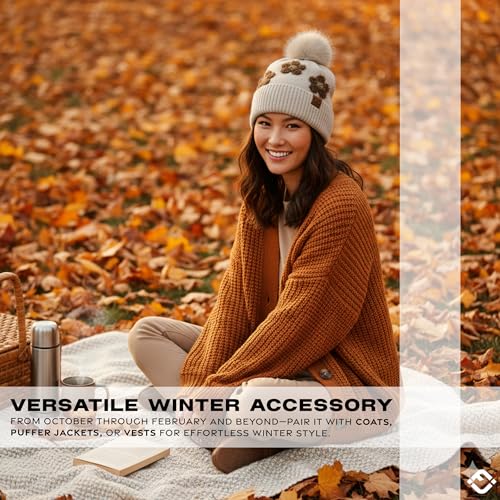 Funky Junque Beanie for Women Ultra Soft Chenille Faux Fur Pom Pom Winter Hats Warm Ski Cap Fashion - color: Daisy - Beige