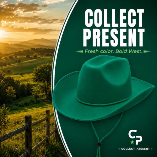 COLLECT PRESENT Plain Felt Cowboy & Cowgirl Hat for Men and Women | Western Studded Cowboy Hat in Adult Sizes - color: Green