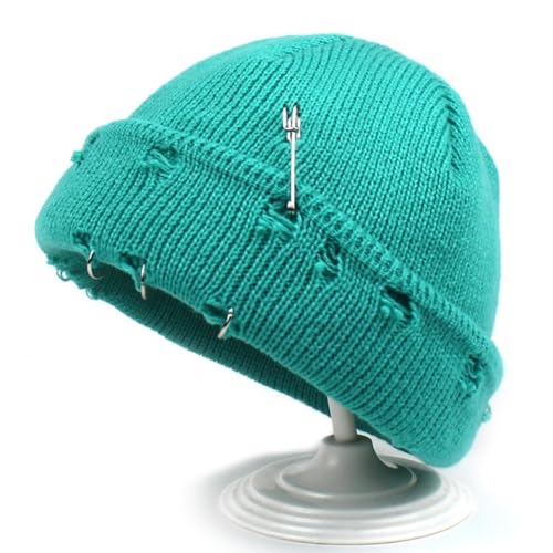 Distressed Ring Beanie Hat for Women Men Slouchy Skull Cap - color: Lake Blue