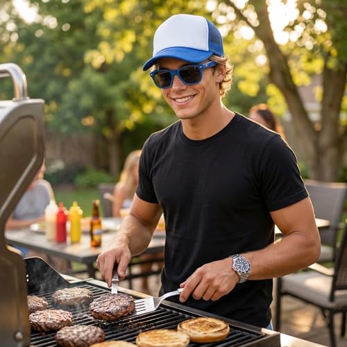 Funky Junque Blank Mesh Foam Lightweight Snapback Trucker Hat - color: Hat (Royal Blue/White) & Sunglasses (Royal)