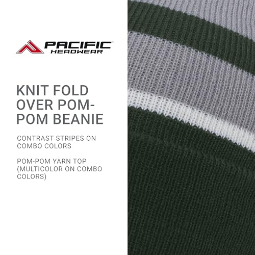 Pacific Headwear Unisex Adult Pacific Headwear Knit Fold Over Pom-pom Beanie - color: Dark Green/Silver/White, size: One Size