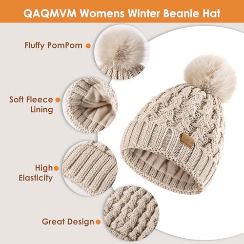 Women Winter Beanie Hat Gloves Set Pom Hat with Warm Fleece Lined Touchscreen Gloves for Cold Weather - color: Beige