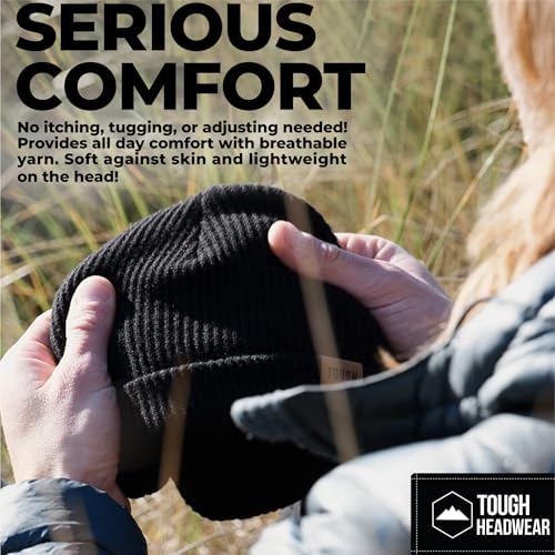 Tough Headwear Ribbed Beanie Hat - Stretch Fit Beanie for Women - Knit Winter Hats for Men - Breathable Knit Caps - color: Black + Dark Grey