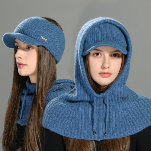 jaxmonoy Winter Knit Balaclava Beanie Hats and Scarf Set for Women - color: Denim Blue
