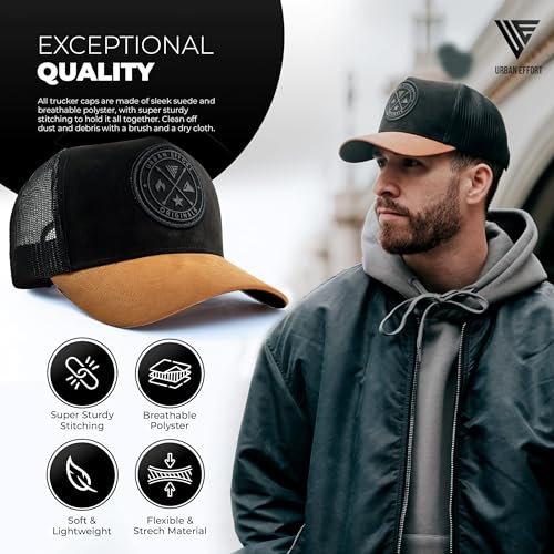 Urban Effort Trucker Hat for Men & Women, Mesh Back Baseball Cap, 5 Panel - color: Black + Brown, style: Mesh Back