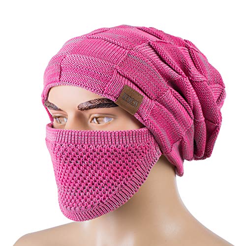 REDESS Beanie Hat for Men and Women Winter Warm Hats Knit Slouchy Thick Skull Cap with Face Cover - color: D7 Rose Red