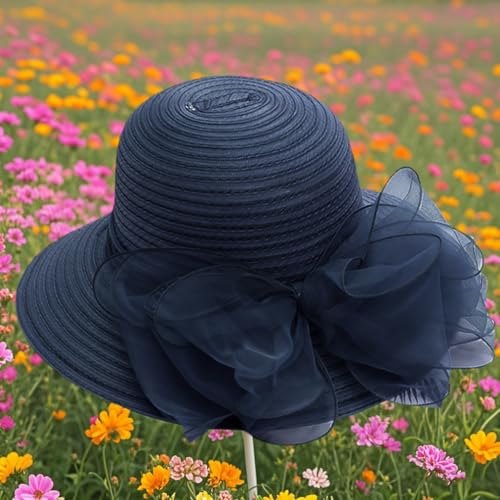 Haoohu Women's Church Derby Hat Wide Brim Bow Bucket Hat Wedding Dress Hat Fascinator Bridal Tea Party Hat - color: Navy Blue
