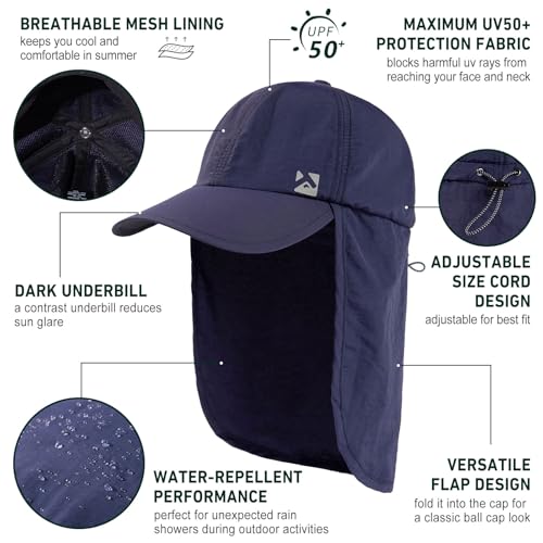 TOP-EX L/XL/XXL UV50+ Waterproof Neck Flap Baseball Sun Cap - color: Navy Blue, size: X-Large