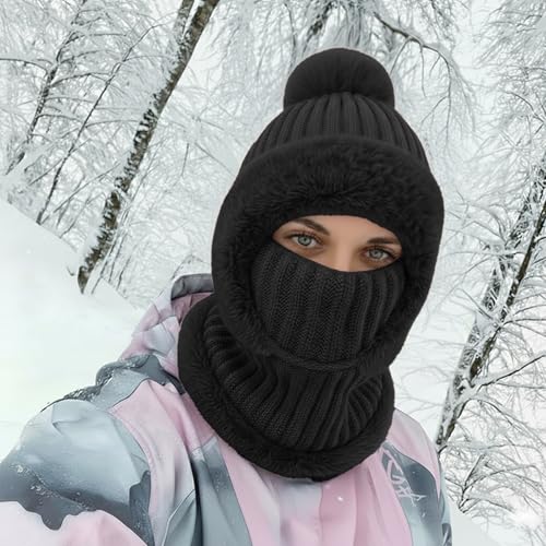 AQOKKA 3 in 1 Knit Fleece Lined Beanie Hat with Scarf and Mask Warm - color: Black