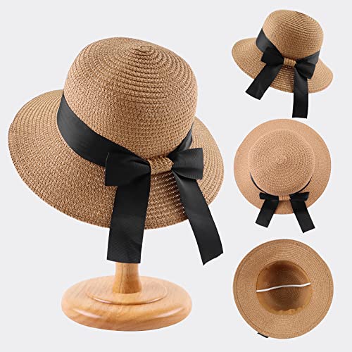 Zsedrut Women,Little Girls Straw Sun Hat Summer Beach Cap Foldable Visor Floppy Hats Wide Brim with Bowknot - color: Khaki2, size: One Size